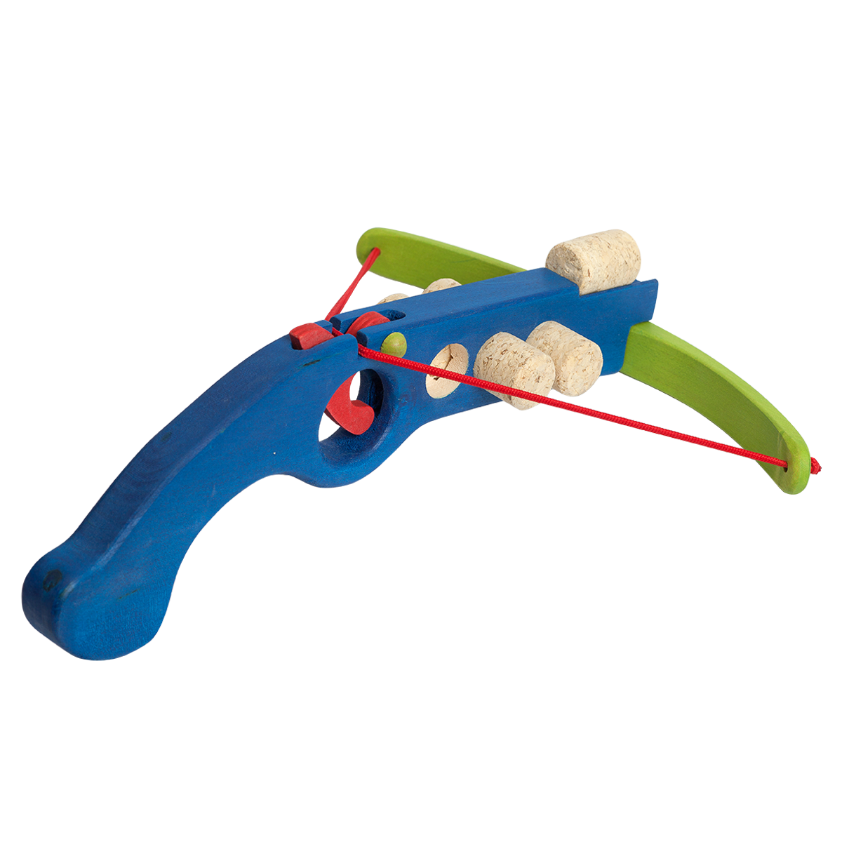 Blue wooden cork crossbow with mounted cork bullet